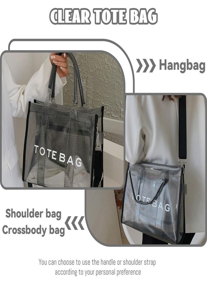 WREWING Clear Tote Bag for Women, Large Mesh Beach Bag, PVC Clear Crossbody Bags with Zipper, Stadium Bag for Travel Sports (Black) - Image 5
